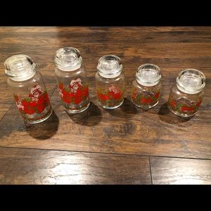 Vintage 1980 Strawberry Shortcake, set of five glass jars with lids.